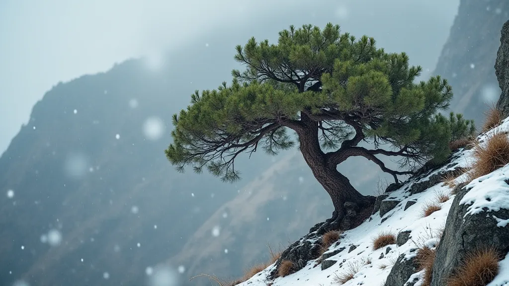 Gnarled pine tree on a rocky hillside