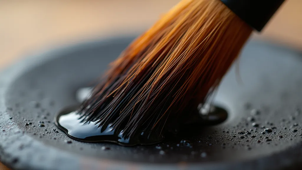 Sumie brush dipping into inkstone