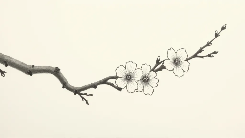 A completed Sumie painting of a single plum blossom branch.
