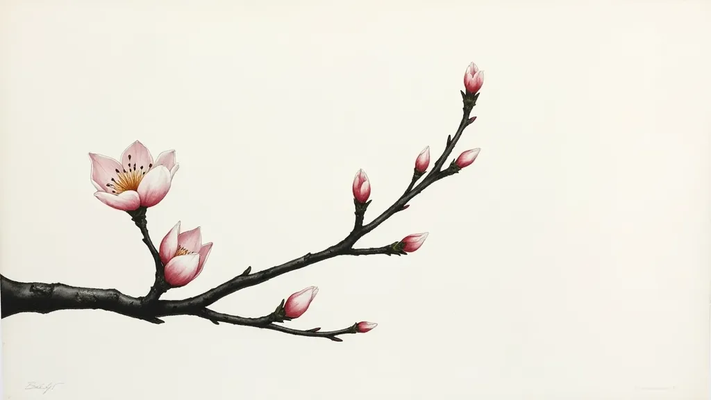 A single plum blossom branch with a few open blooms and buds.
